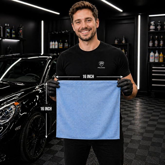 Premium Microfiber Towel for Cars 12 Pack, 400GSM, Quick-Dry, Scratch-Free, High and Low Pile Surface, Gray, Yellow, Blue,16 x 16 Inches, for Car Detailing and Household Use