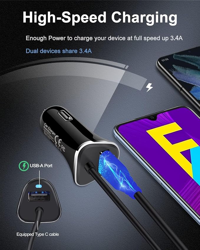 USB-C Car Charger, 3.4A USB Type C Car Charger Adapter & Fast Charge Cable | C Cord Cargador USBC Lighter for Samsung Galaxy S26 S25 S24 S23 S22 A17 iPhone 17e 17 16e 16 15 Pro Max Android Cigarette 12V