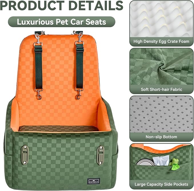 Dog Car Seat for Small/Medium Dogs Up to 35 lbs – Patented Safety System, 5" Memory Foam Pet Car Seat, Fully Detachable and Washable Cover, Front/Back Seat Travel Booster (Green & Orange)