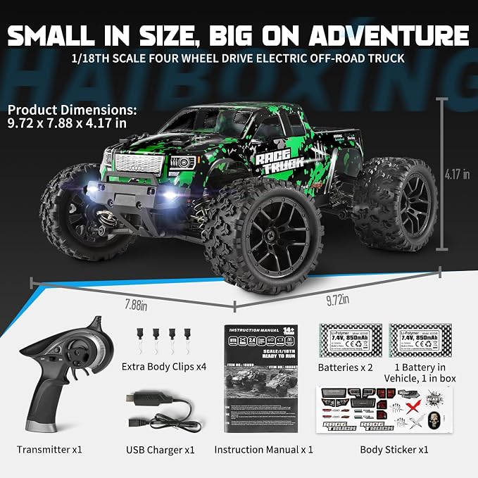 1:18 Scale All Terrain RC Car 18859, 36 KPH High Speed 4WD Electric Vehicle with 2.4 GHz Remote Control, 4X4 Waterproof Off-Road Truck with Two Rechargeable Batteries