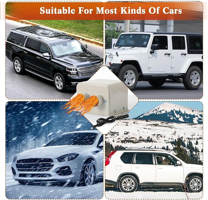 12V 800w Car Heater 2 Hole Portable Windshield Defroster Kit Winter Fast Heating Electric Automobile Interior Heaters Low Noise Removing Window Defogger with Cigarette Lighter for 12V Vehicle