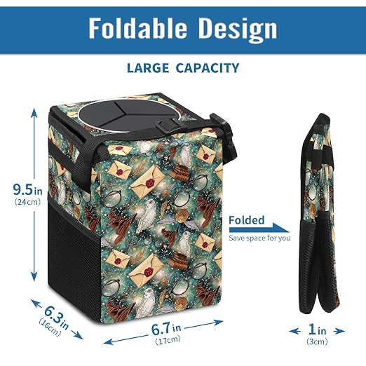 Halloween Wizard Owl Magic Car Trash Can with Lid Collapsible Reusable Waterproof Car Garage Bag,Automotive Garbage Can,Car Accessories Interior Car Organizer