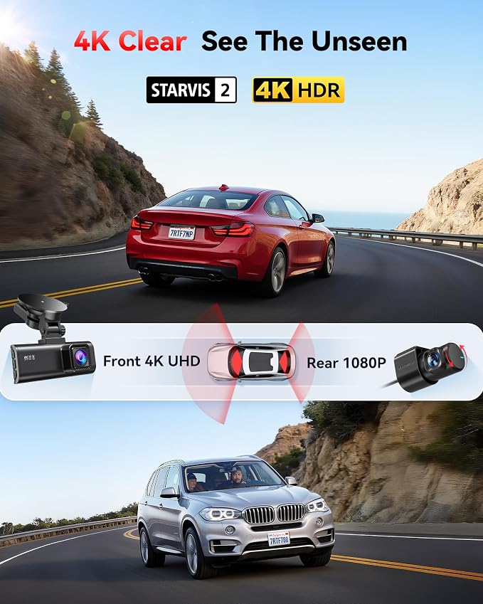 4K Dash Cam Front Rear, STARVIS 2 Sensor, Free Card Included, 5.8GHz WiFi-20MB/s Fast Download, Dash Camera for Cars with GPS, WDR Night Vision, 170°Wide Angle, 24H Parking Mode(F7NP)