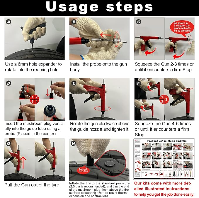 Tubeless Tire Puncture Repair Kit with Mushroom Plug, Repairs punctures and Flat Tires for Motorcycles, Cars, Trucks, ATVs,Gun Puncture Repair Kit