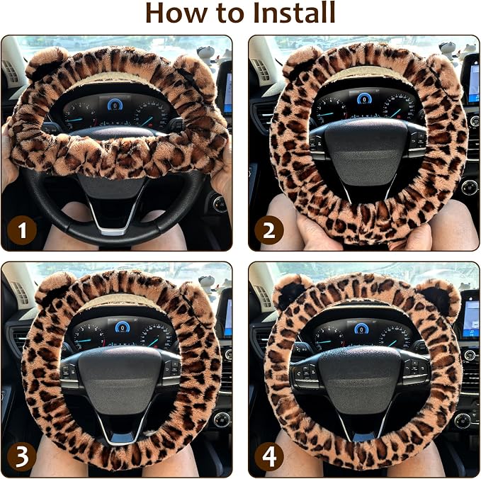 Fluffy Car Steering Wheel Cover, Leopard Fuzzy Vehicle Wheel Cover for Women Non-Slip Furry Warm Steering Wheel Protector with Cute Ears, Car Accessories 15 inch Universal Fit Auto, Suvs, Truck