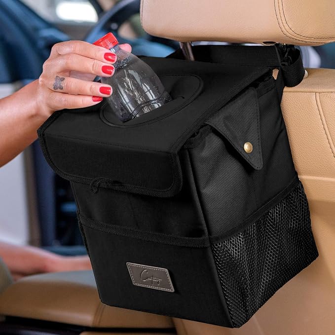 Car Trash Can [Touring Edition] - Removable Liner - 100% Leakproof, Odor Control Lid, Hanging Garbage Bin for SUV, Truck, Car (2 Gal, Black)