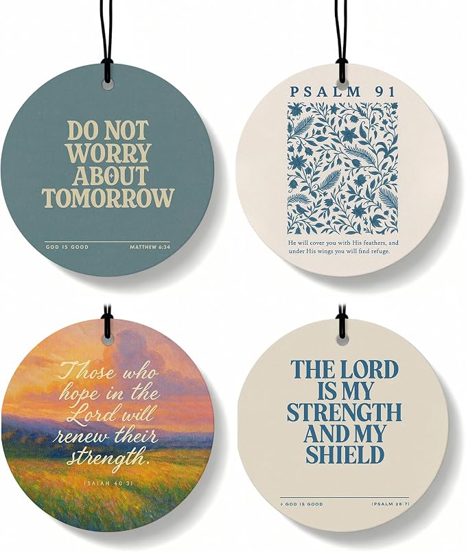 Retro Blue Christian Round Car Air Freshener 4 Pcs Coconut Scented, Inspirational Religious Car Accessories Mirror Decor for Women, Christian Hanging Air Freshener for Cars Closet Drawer Book