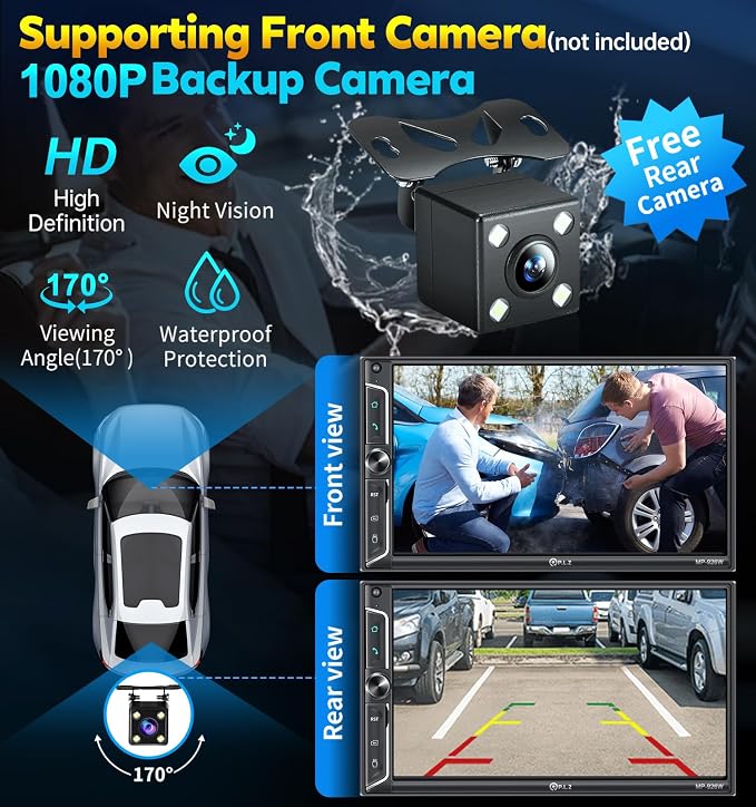7" Wireless Double Din Car Stereo Apple Car Play Radio Carplay Android Auto QLED Touch Screen, Bluetooth 5.3 Audio Receivers, 1080P Backup Camera, 4.2 Channel Outputs 240W, 2 Subwoofer, FM/AM, SWC