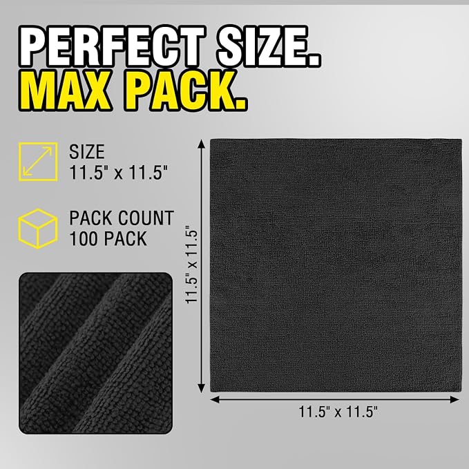 Shop Towels, 100 Pack - 11.5"x 11.5" Commercial Grade Work Rags for Cars, Microfiber Cleaning Cloths Bulk Detailing Cloth for Automotive Mechanic Garage Housekeeping Restaurant - Black