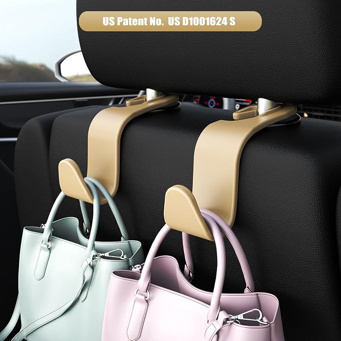Car Seat Headrest Hook 4 Pack Hanger Storage Organizer Universal for Handbag Purse Coat Universal fit Vehicle Car Beige with Clip