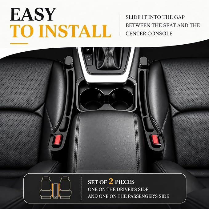 2 PCS Car Seat Gap Filler Compatible with Explorer, Edge, Escape, Expedition & Bronco Sport Accessories, Seat Gap Organizer with Emergency Glass Breaker & 1 Sunglasses Holder, Black.