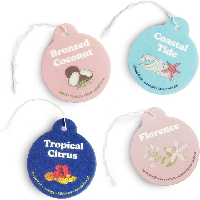 Summer Mix Car Charms 4-Pack Included Scents: Coastal Tide, Bronzed Coconut, Tropical Citrus, Florence