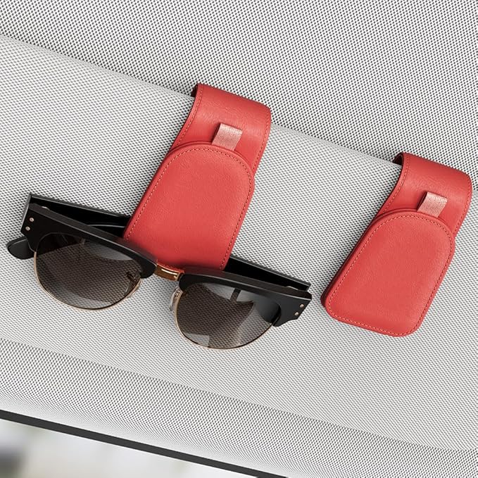 Sunglass Holder for Car Visor, Red, 2 Packs | Suede Cloth, Magnetic, Organizer for Car Accessories
