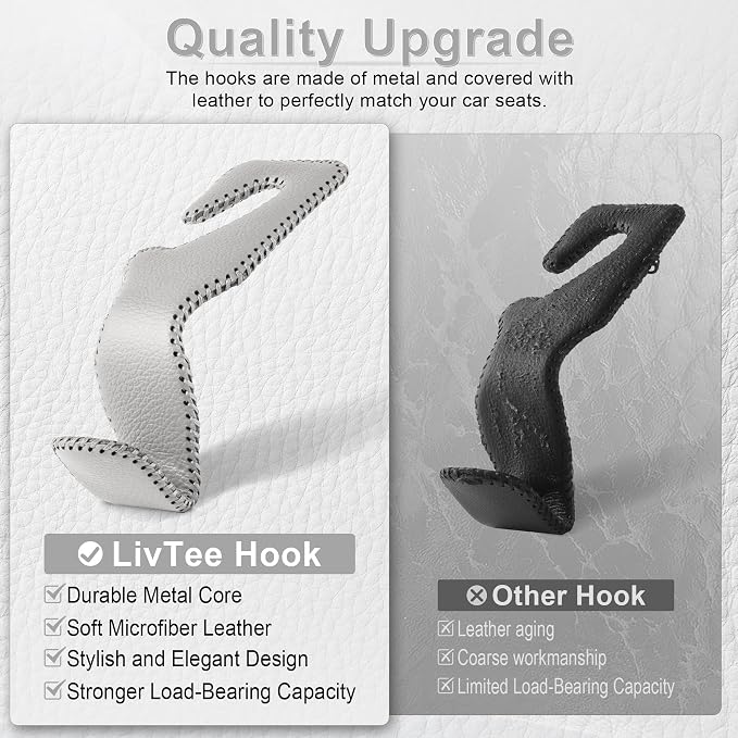 Gray Superior Leather Car Seat Back Headrest Hook, Auto Seat Hook Hangers Interior Accessories for Purse Coats Umbrellas Grocery Bags Handbag, 2-Pack