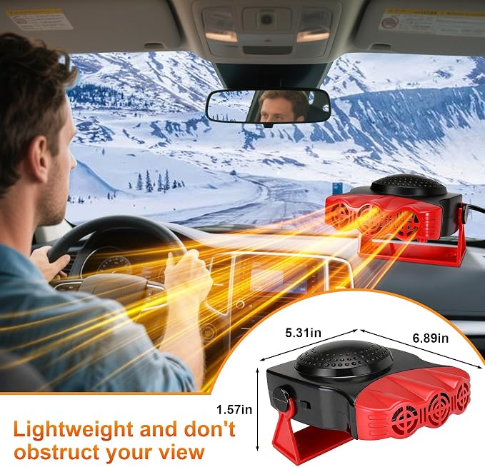 Portable Car Heater - Car Defroster for Vehicle, 150W Automotive Heater Fan with 180° Swivel Bracket, 3 Outlets for Wide Heat Distribution, for All 12V Vehicles (Red)
