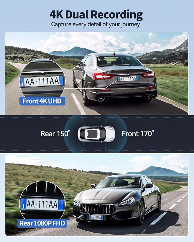 Dash Camera for Cars, 4K Dash Cam Front and Rear with 5G WiFi, Free Card Included, Loop Recording, Night Vision, 170°Wide Angle, G-Sensor, 24H Parking Mode