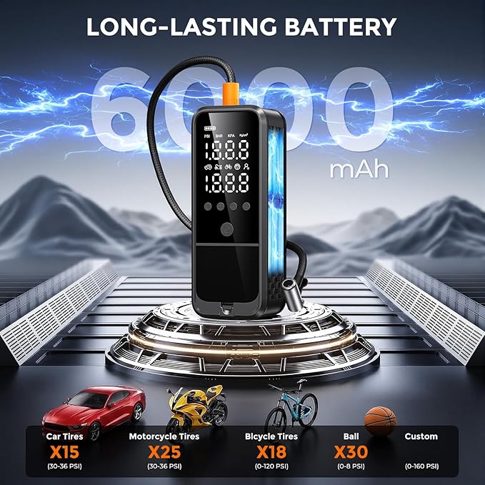160PSI Tire Inflator Portable Air Compressor, 6000mAh Portable Tire Inflator for Car Portable Air Pump with Tire Gauge Pressure & LED Light Air Pump for Car Tires Cordless Bike Pump for Car