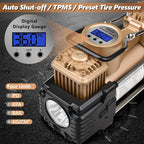 Dual Cylinder Tire Inflator Air Compressor, 150 PSI 12V DC Portable Air Pump with Digital Display, LED Flashlight, Auto Shut-Off, Heavy Duty for Truck, SUV, Car, RV (GOLD)