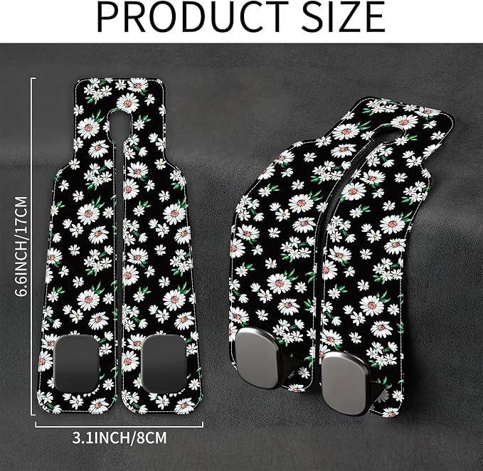 Purse Hook for Car Little White Daisy Flowers 1 Pack Headrest Back Seat Hook Premium Leather Double Metal Hanger Storage Pack Bag Purse Holder Car Interior Accessories