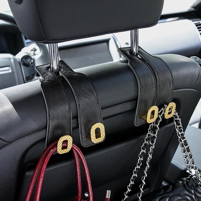 Car Headrest Hooks Universal Car Purse Hook Premium Leather and Alloy Twin Hook Car Seat Back Storage Hanger Hook for Purse Bags Cloth Drink Durable Holder Car Accessories (BH09-Black-Gold-4 Pcs)