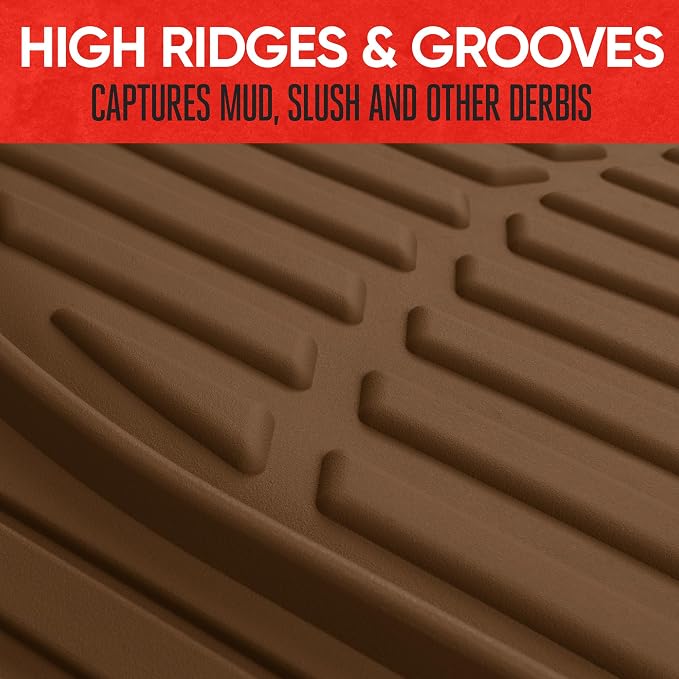 FlexTough Deep Dish All-Weather Floor Mats, Waterproof Trim-To Fit Mats for Cars, Trucks, SUVs - Universal Automotive Floor Liners, Car Accessories, Brown