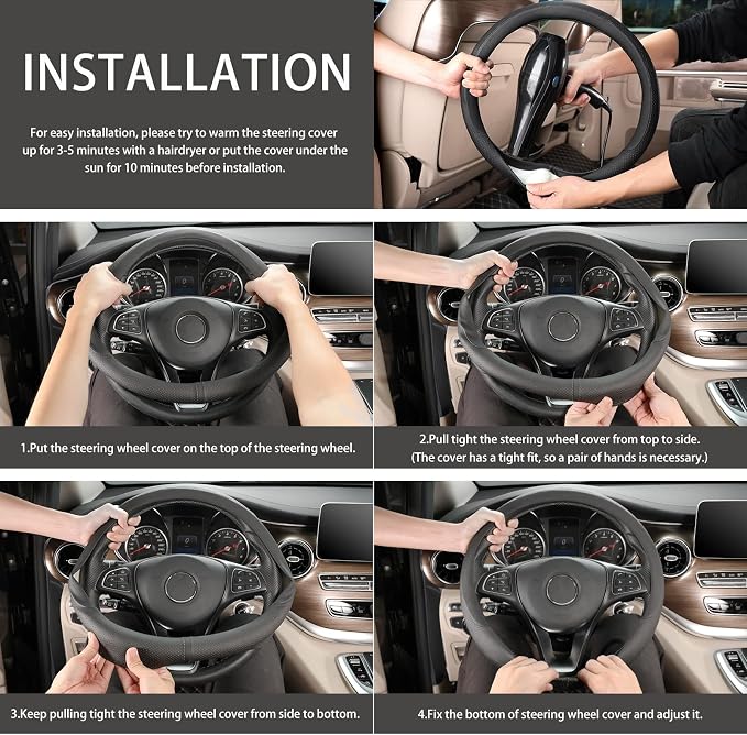 Breathable Car Steering Wheel Cover 16 inch Auto Universal Leather Wrap Non-Slip Steeringwheel Protector Automotive Interior Accessories, Black (Suit for 15 1/2-16 inch)