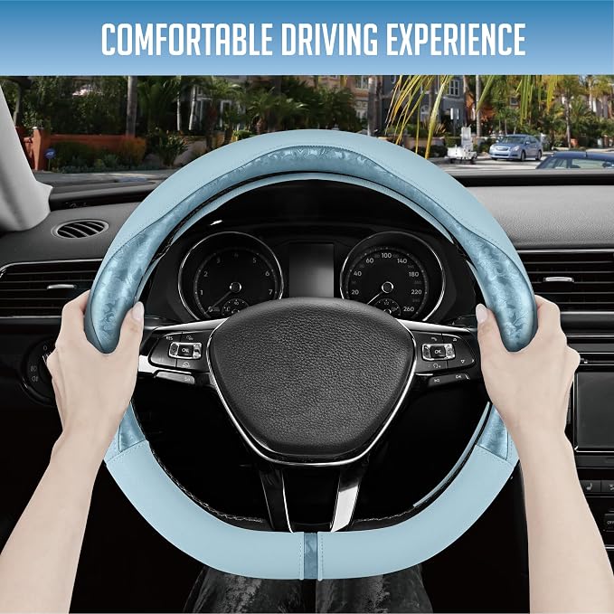 Steering Wheel Cover, Light Blue Patterned Leather Patchwork Design, Universal Fit 14.5"–15.5" D-Shape Steering Cover, Soft PU Grain Leather, Durable Grip Car Accessory for Girls & Women