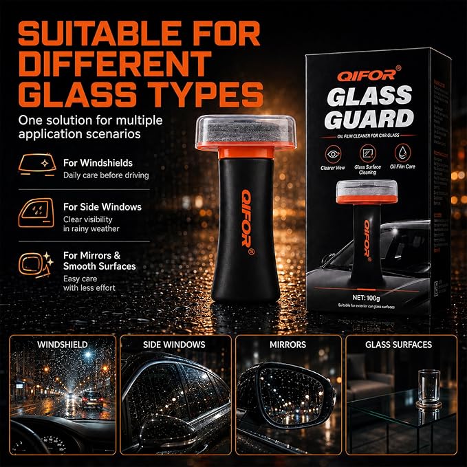 QIFOR Oil Film Remover for Car Windshields and Windows, Automotive Glass Cleaner for Oil Residue & Road Grime, Improves Visibility & Safe Driving (1 PCS)