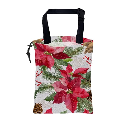Car Garbage Bag Red Poinsettia Xmas Green Leaves Drawstring Car Trash Bag Hanging for Back Seat with Adjustable Buckle Canvas Vehicle Trash Can Easy-to-Install