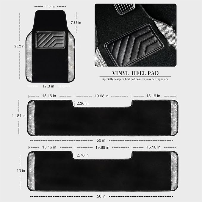 3 Row Bling Diamond Car Mats Shining Carpet Rhinestones Sparkly Glitter Floor Mats Anti-Slip PVC Heel Pad Universal for Automotive SUV,Sedan,Van, 3rd Row 2 Rear for Girl Women, Black Silver