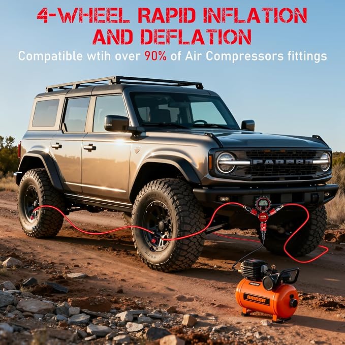4 Tire Inflation Deflation System W/300PSI Digital Pressure Gauge | Fits up to 200" Wheelbase, Plastic Carry Box & Heavy Duty Hoses, Fits Truck, Car, Trailer, Motorcycle Offroad Vehicles, Red