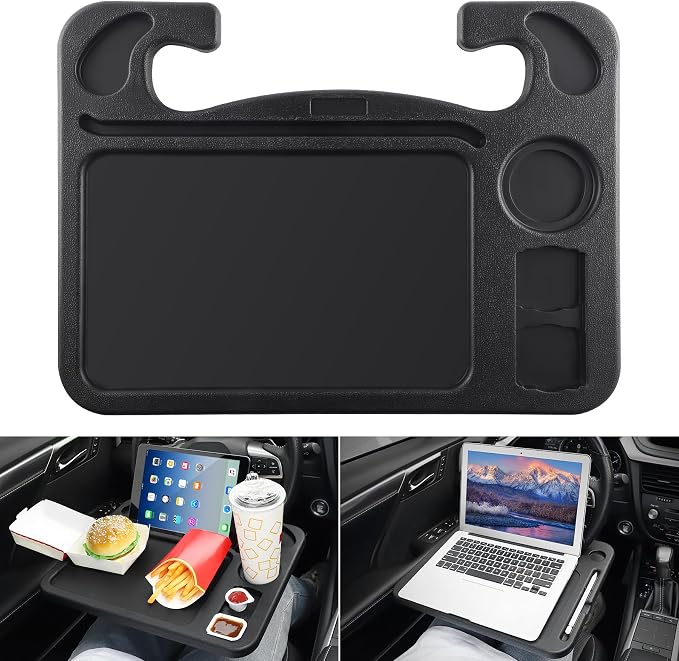 4 In 1 Car Steering Wheel Desk for Laptop,Versatile Upgraded Car Seat Tray, Spacious Steering Wheel Table With Tablet Holder and Dual Sauce Racks,Steering Wheel Under Table Console (Large)