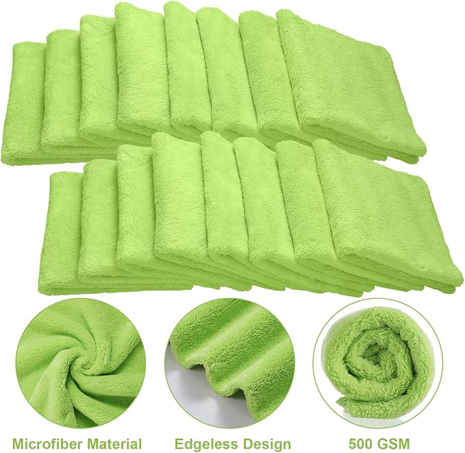 30 Pcs 16 x 16 Inch Edgeless Microfiber Plush Towels for Cars Detailing Drying Wash Polishing Absorbent Cleaning Cloths, 500 GSM(Green)