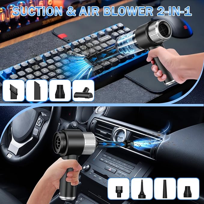 Handheld Car Vacuum Cleaner, 16000PA Hand Held Vacuum Portable Cordless, 2 in 1 Air Duster and Vacuum Cleaner with LED Light, Multi-Nozzles, 120W High Power Mini Vacuum for Home, Pet, Office