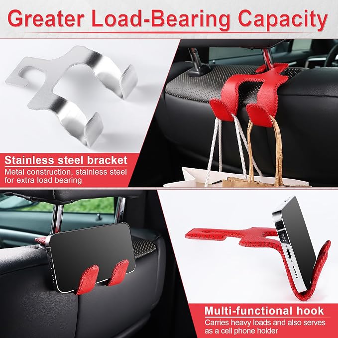 Upgraded Superior Leather Car Seat Back Headrest Hook, 2 in 1 Auto Seat Hook Hangers Holder Organization Interior Accessories for Purses Coats Umbrellas Grocery Bags Handbag (Red)