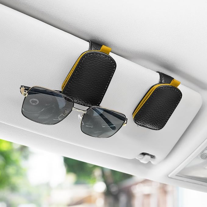 Sunglasses Holder for Car, Leather Magnetic Buckle Sun Visor Sunglass Clip, Ticket Card Storage Glasses Clip, Car Interior Accessories for Men and Women（2PCS Black-Yellow）