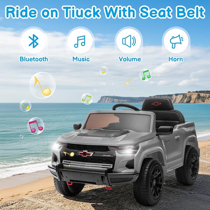 Licensed Chevrolet Colorado Electric Car for Kids, 12V Ride on Toys for Toddlers with Remote Control, Battery Powered Electric Car Ride On Vehicle w/Bluetooth, Soft Start, LED Lights - Gray
