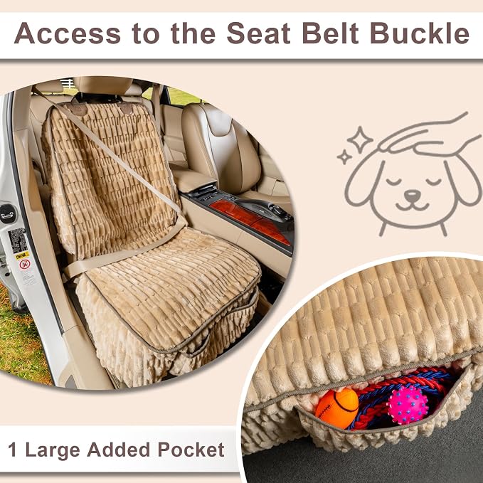 Dog Car Seat Cover for Front Seat, Soft Plush Waterproof Pet Protector with Non-Slip Bottom, Full Coverage with Side Flaps, Against Hair, Dirt and Scratches for SUVs and Trucks (Tan, Front)