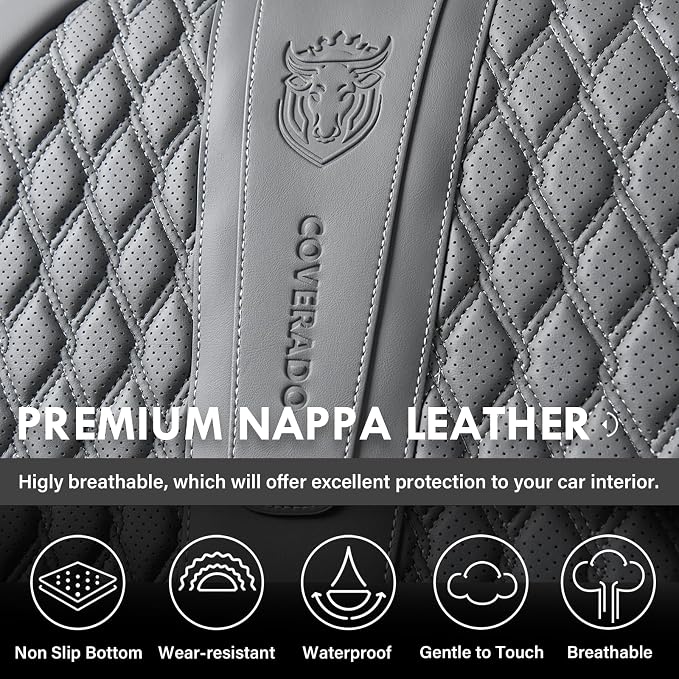 Coverado Car Seat Covers Full Set, Nappa Leather Seat Covers for Car, Waterproof Car Seat Protector with Lumbar Support, Automotive Seat Covers Universal Fit for Most Cars SUV Trucks (Gray)