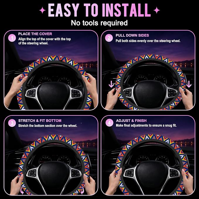 Colorful Ethnic Geometric Steering Wheel Cover for Women Men Neoprene Breathable Wheel Cover Protector Anti-Slip Car Accessories Universal 15 Inch Fit for Cars Trucks Vehicles