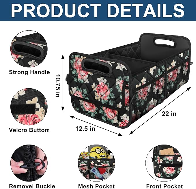 Trunk Organizer and Storage with Reinforced Handles,Car Accessories for Women/Men 50L Waterproof Polyester Trunk Organzier for Car/SUV/Minivan/Truck(Medium, Floral)