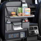 2 Pack Leather Car Backseat Organizer with Foldable Table Tray, Universal Car Seat Back Protector Kick Mat with Touchscreen Tablet Holder, Storage Pockets, Cup Holders & Tissue Holder, Black