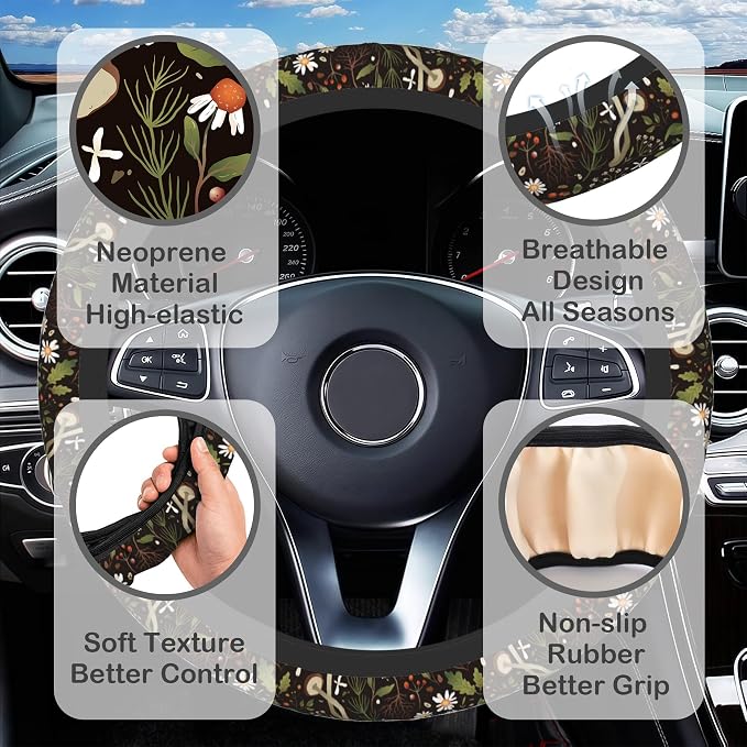 Mushrooms and Herbs Steering Wheel Cover with 2 Pcs Car Coasters Neoprene Steering Wheel Cover for Women Men Anti-Slip Breathable Car Accessories Universal 15 Inch Fit Auto Cars Trucks