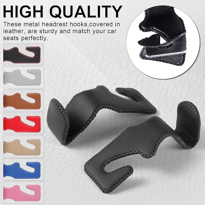 Headrest Hook for Car, Back Seat Organizer Black Leather Hanger Holder Hook, Interior Car Accessories for Hanging Purses Bags Coats, 4 Pack