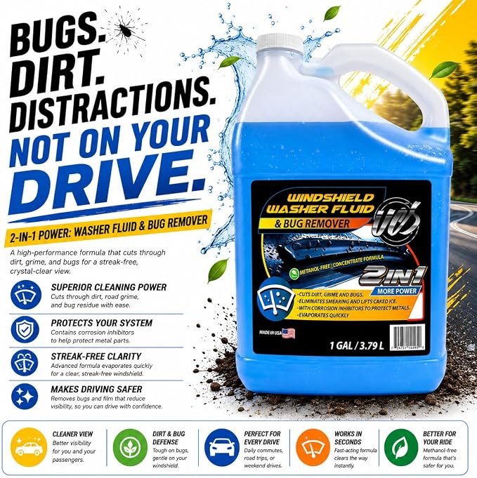 Windshield Washer Fluid 2-in-1 Bug Remover – Ready to Use Formula – Streak-Free Cleaning – Removes Dirt & Road Grime – 1 Gallon (128 fl oz) Methanol-Free