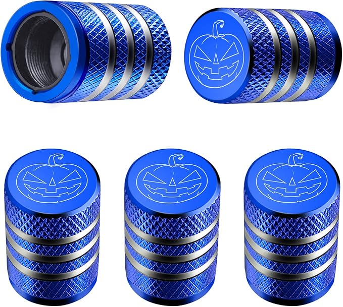 Tire Valve Stem Cap Cover - (5 Pack) Tire Air Cap Metal with Plastic Liner Corrosion Resistant Leak-Proof Halloween Pumpkin Car Decoration Accessories Blue