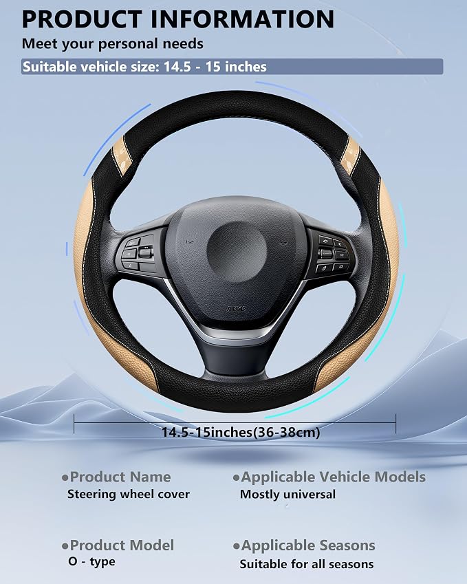 Steering Wheel Cover for Car Leather Universal Steering Wheel Covers for Men Women Fit Cars SUV Truck Pickup 15inch (Beige)