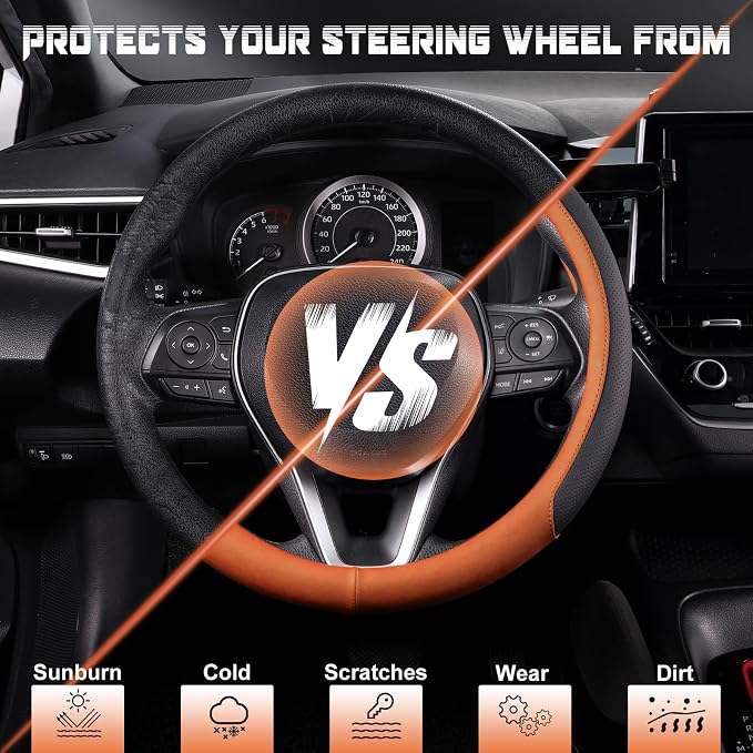Steering Wheel Cover for 14.5-15 inch Wheels, Breathable PU Leather with Perforated Sides, Anti-Slip Grip, Universal Fit for Cars & SUVs, Black and Orange