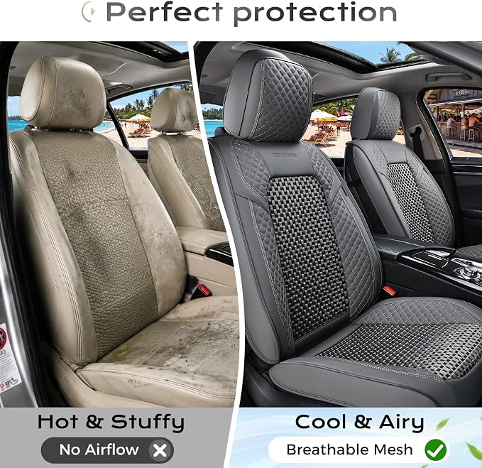 Coverado Seat Covers Full Set, 5 Seats Universal Seat Covers for Cars, Gray Car Seat Covers Front Seats Back Seat Cover, Breathable Car Seat Cushion, Leather Seat Cover Seat Protector Fit Most Cars