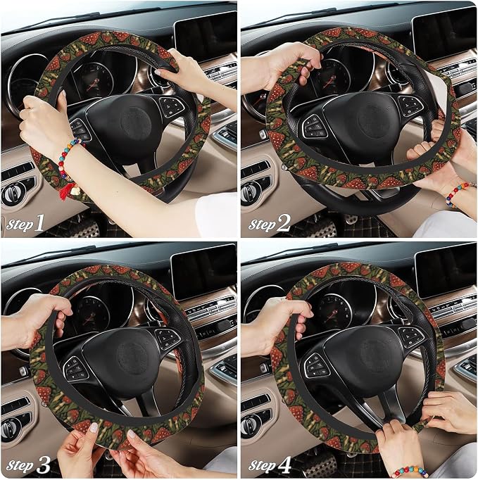 Vintage Mushroom Steering Wheel Cover with 2 Car Coasters,Berry with Leaves Anti-Slip Steering Wheel Cover,Elastic Breathable Car Interior Accessories,Universal 14.5"-15" Fit Auto,SUVs